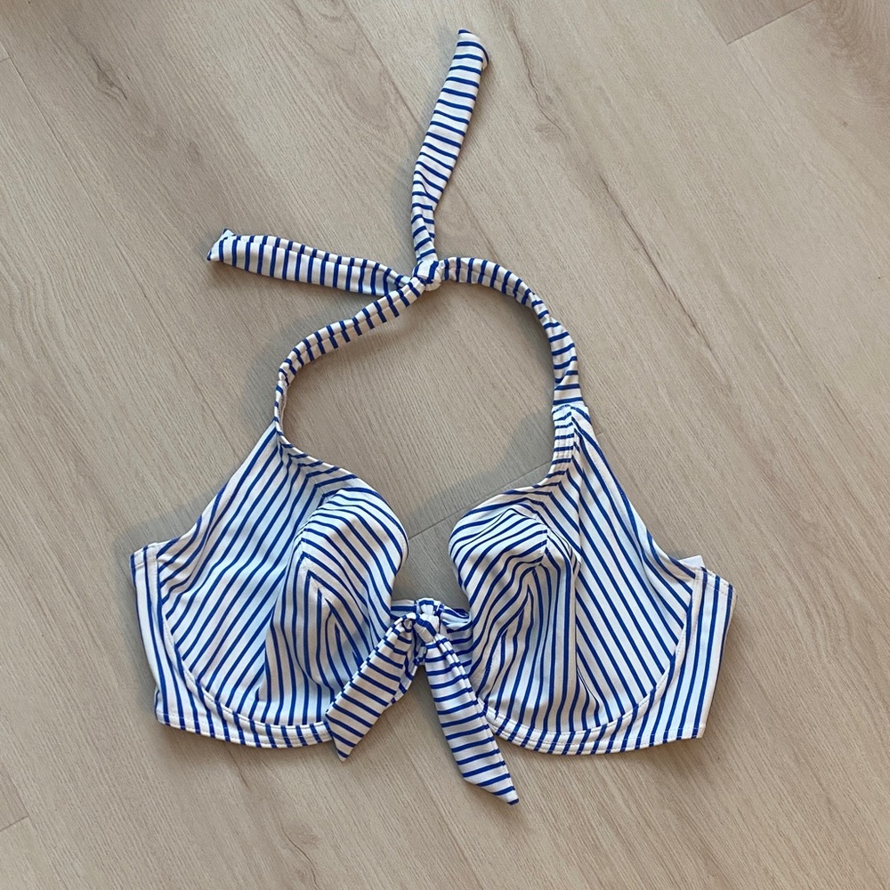 Blue and White Totally Stripe Bikini Halter Top US 36G